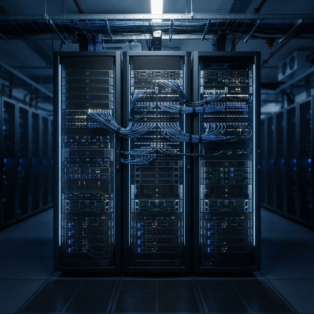 Racks de servidores em um data center com iluminação azul